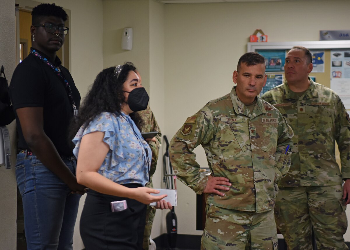 U.S. Air Force Col. Nicholas Dipoma, Second Air Force vice commander, and Maj. Richard Cordova, Second Air Force A9, are briefed on how the 316th Training Squadron is improving the quality of life of Airmen housed in the 316th TRS dorms, Goodfellow Air Force Base, Texas, Sept. 14, 2022. Members of the 316th TRS showed Second Air Force leaders areas where their students could unwind after classes and where they could study course materials. (U.S. Air Force photo by Senior Airman Ethan Sherwood)