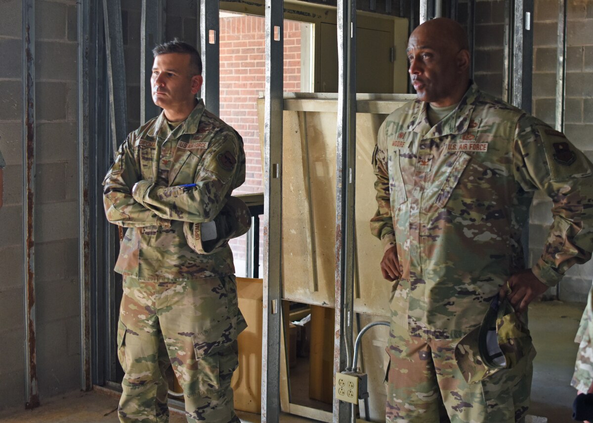 U.S. Air Force Col. Nicholas Dipoma, Second Air Force vice commander, tours dorms under renovation with Col. Eugene Moore, 17th Mission Support Group commander, at Goodfellow Air Force Base, Texas, Sept. 14, 2022. After being damaged by Winter Storm Uri, many dorms were gutted and rebuilt. (U.S. Air Force photo by Senior Airman Ethan Sherwood)