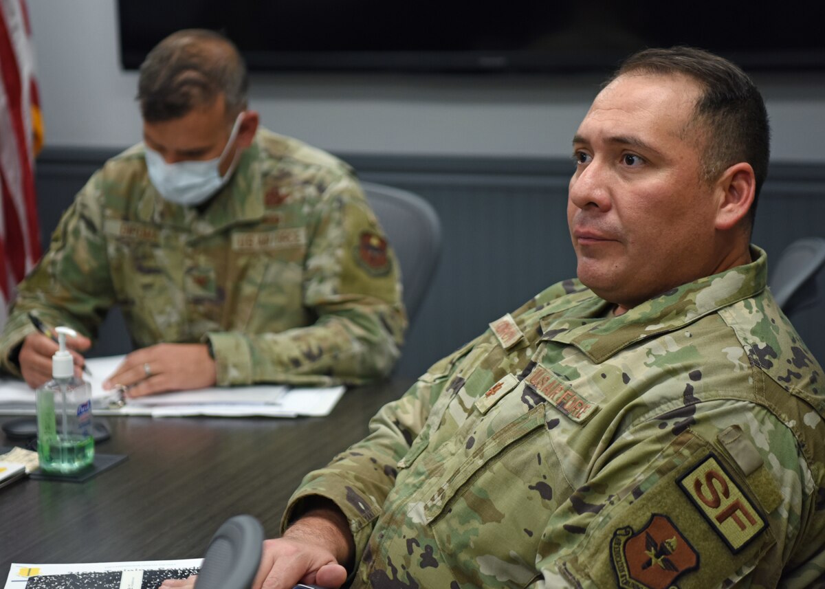 U.S. Air Force Maj. Richard Cordova, Second Air Force A9, listens to a briefing from a member of the 17th Operational Medical Readiness Squadron discussing the targeted care program at the Ross Clinic, Goodfellow Air Force Base, Texas, Sept. 14, 2022. The 17th Medical Group is the first unit in Air Education and Training Command clinic to pioneer targeted care, which improves accessibility to mental health treatment (U.S. Air Force photo by Senior Airman Ethan Sherwood)