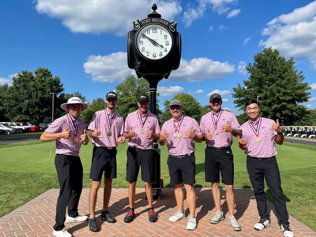 Army men capture team gold during the 2022 Armed Forces Golf Championship hosted by Army at Fort Belvoir, Virgina.  Championship features teams from the Army, Marine Corps, Navy (with Coast Guard players), and Air Force (with Space Force players).  Department of Defense Photo by Mr. Steven Dinote - Released.