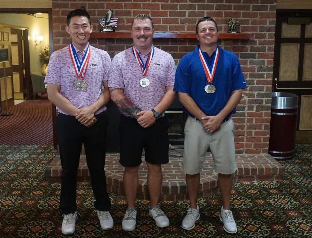 From left to right: SGT Steve Lim, SGT Kurtis Lucas, SSgt Justin Broussard who captured gold, silver and bronze respectively during the 2022 Armed Forces Golf Championship hosted by Army at Fort Belvoir, Virgina.  Championship features teams from the Army, Marine Corps, Navy (with Coast Guard players), and Air Force (with Space Force players).  Department of Defense Photo by Mr. Steven Dinote - Released.