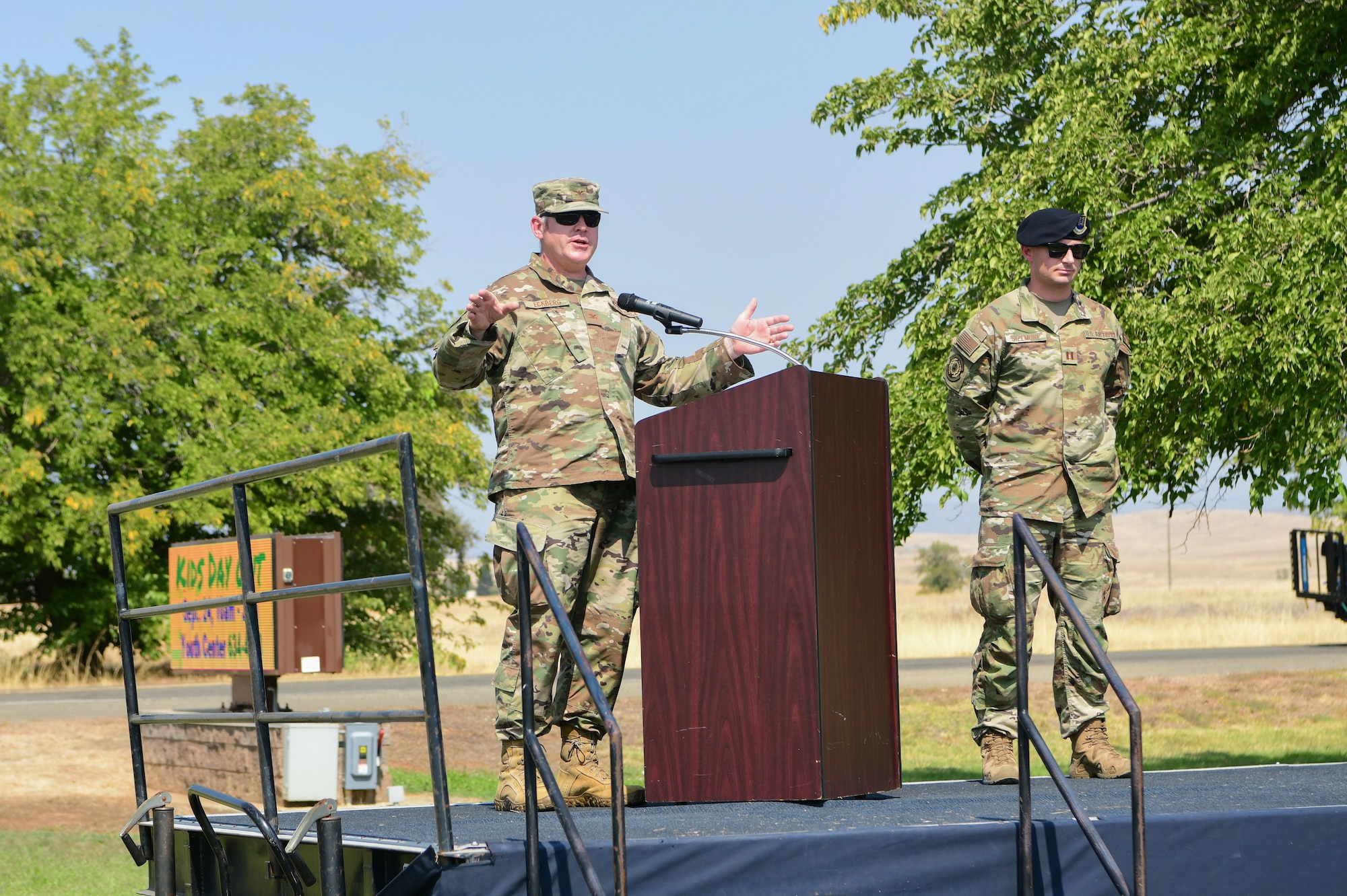 Col. Jason Eckberg, 9th Reconnaissance Wing Vice Commander, speaks at the opening ceremony for Recce Connect Day at Beale Air Force Base, Cali. on Sept. 16, 2022.