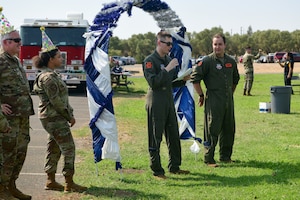 Lt. Christian Peardon opens the cake cutting ceremony at Beale Air Force Base, Cali. on Sept. 16, 2022