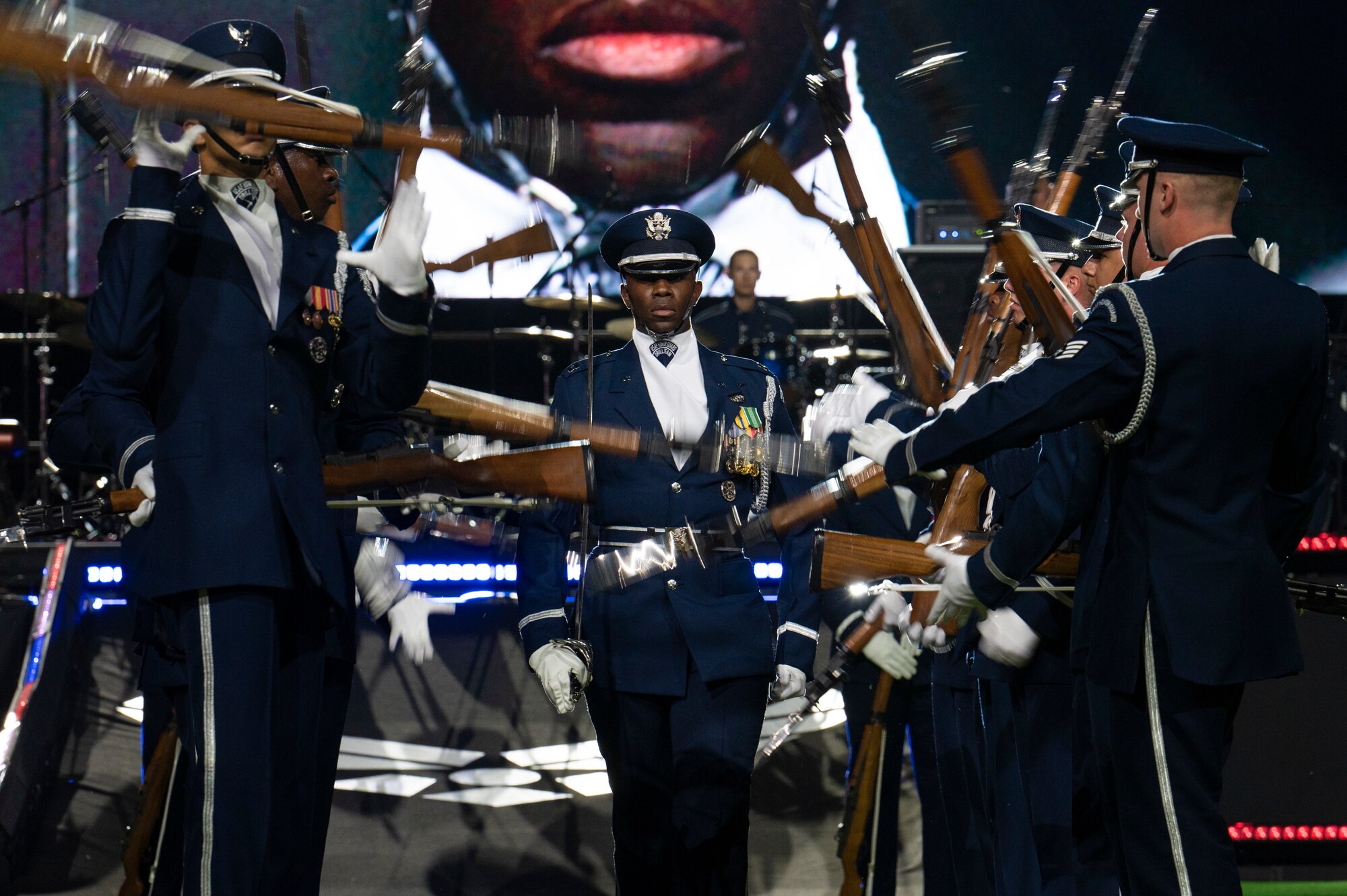 Airmen of The United States Air Force Honor Guard demonstrate military bearing and precision in a performance at the Air Force 75th Anniversary Tattoo Sept. 15, 2022, at Audi Field, Washington, D.C. The mission of the Honor Guard is to represent all Airmen in the Air Force by demonstrating military excellence, precision and discipline while inspiring patriotism in audiences worldwide. (U.S. Air Force photo by Amn Bill Guilliam)