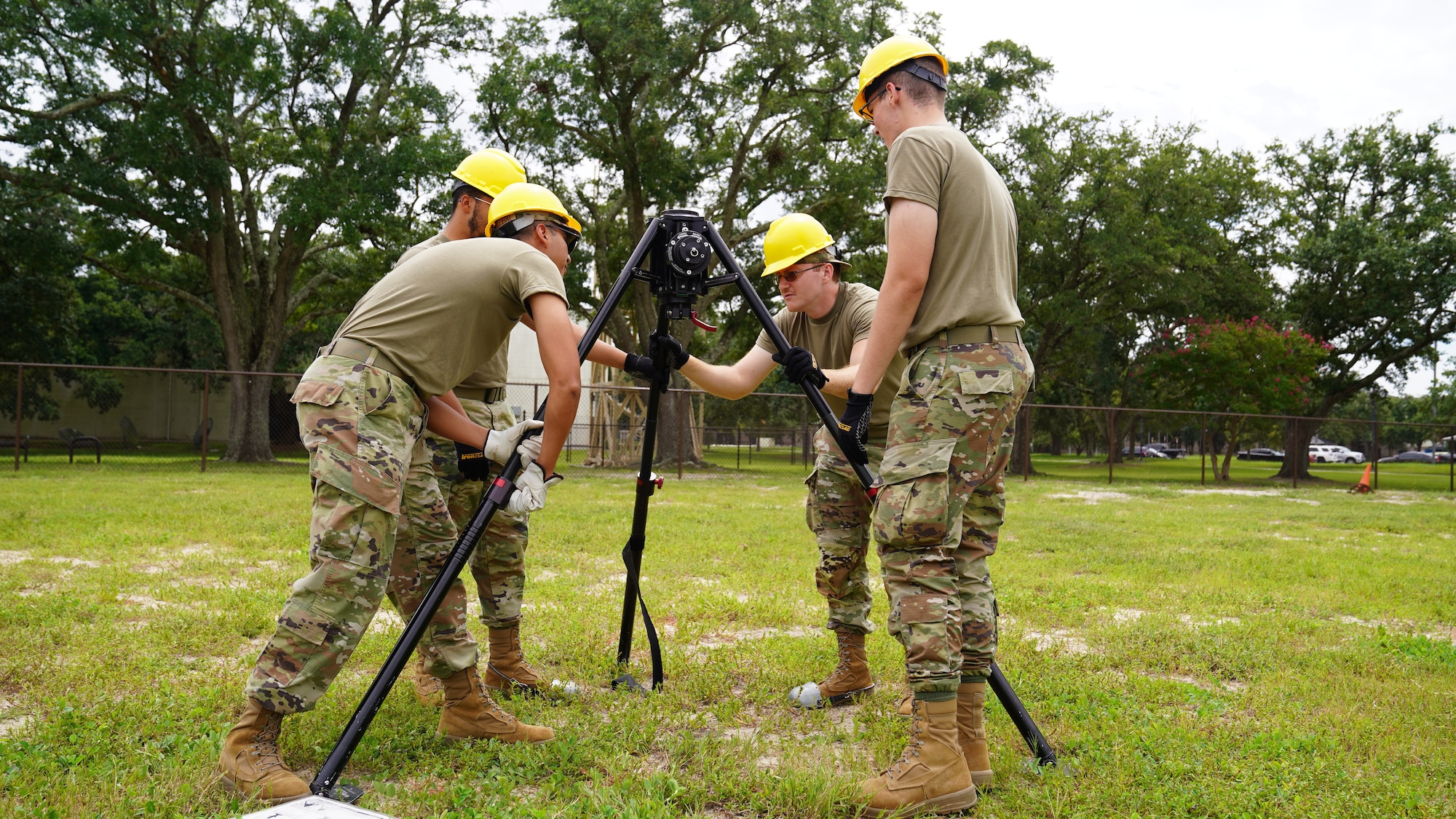 The 338th Training Squadron Radio Frequency Transmission Systems Airmen practice building a Blue Sky antenna mast during class at Keesler Air Force Base, Mississippi, Sept. 6, 2022. The 338th TRS specializes in two pipeline courses, RF Transmissions Systems and Network Operations.