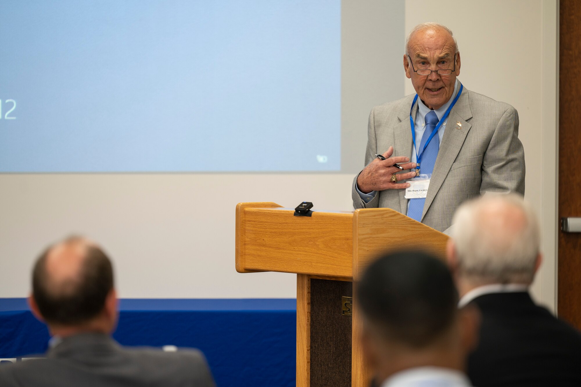 Retired U.S. Air Force Col. Mike Hogan, former Air Force Metrology and Calibration Program director, speaks during a commemoration ceremony at the Air Force Primary Standards Lab at Heath, Ohio Sept. 12, 2022.