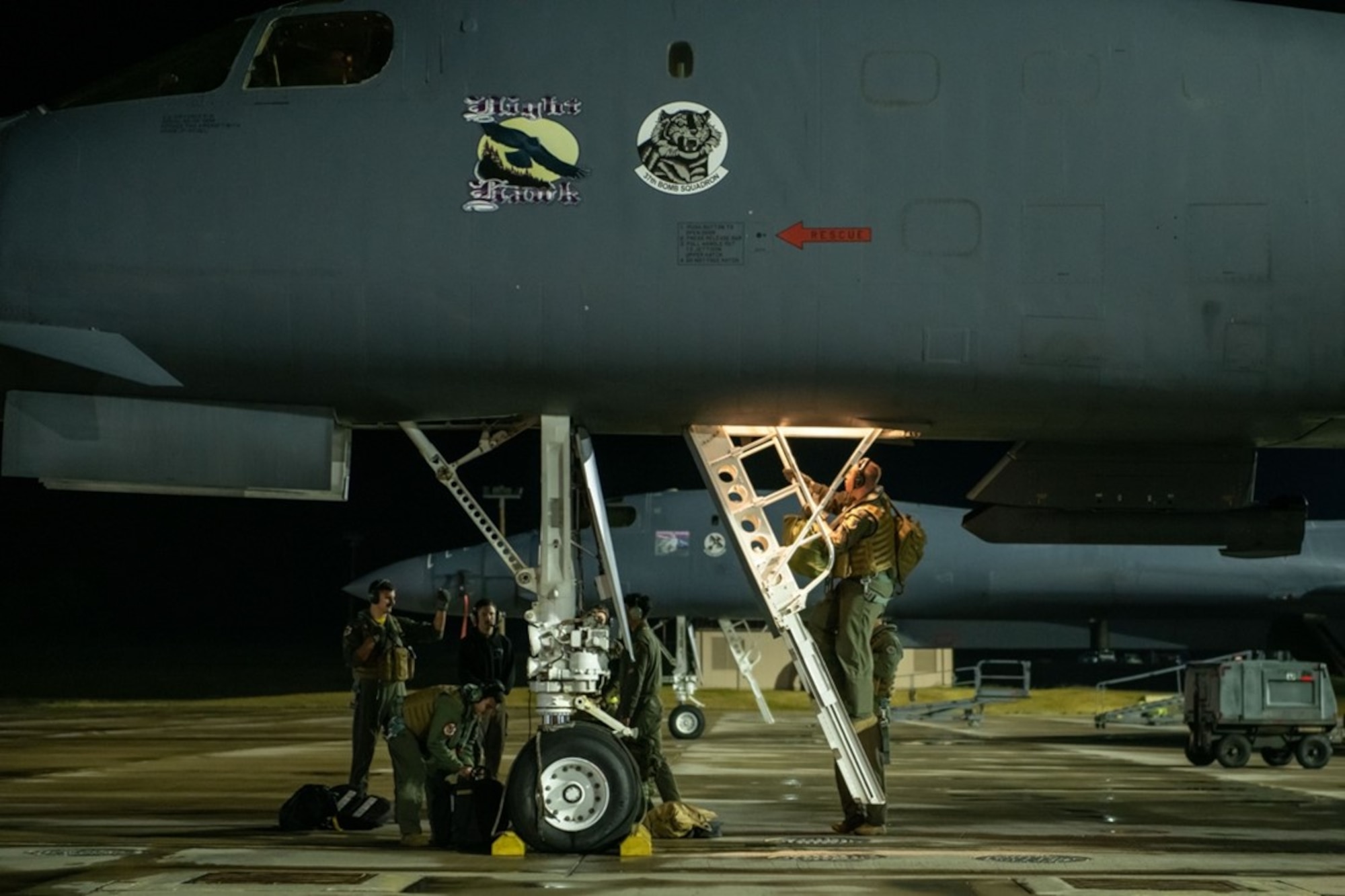 Aircrew, assigned to the 37th Bomb Squadron, board a B-1B Lancer at Ellsworth Air Force Base, S.D., for a long-distance CONUS-to-CONUS mission into the Indo-Pacific region, Sept 10, 2022.