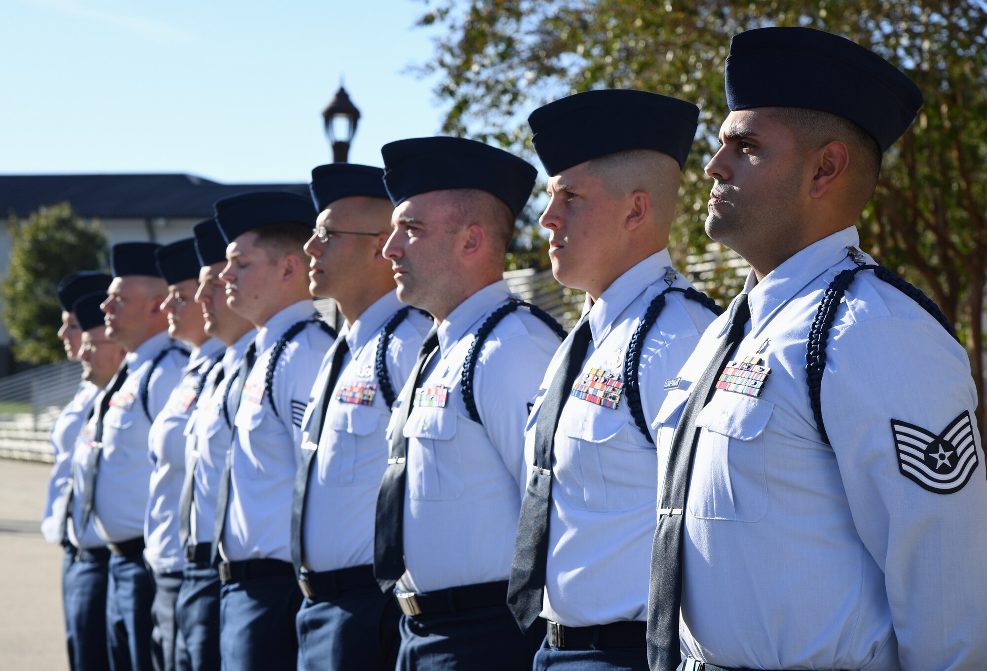 Airmen stand in formation during a Military Training Leader course graduation ceremony at the Levitow Training Support Facility at Keesler Air Force Base, Mississippi, Oct. 31, 2019. The MTL course is responsible for training approximately 120 MTLs per year. Those MTLs are then responsible for training approximately 200,000 Airmen in 49 different locations that fall under Air Education and Training Command. (U.S. Air Force photo by Kemberly Groue)