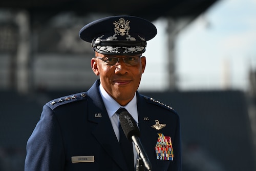 Air Force Chief of Staff Gen. CQ Brown, Jr. answers questions during a press conference at the Air Force 75th Anniversary Tattoo Sept. 15, 2022, at Audi Field, Washington, D.C. Thousands of Department of Defense civilians, service members and their families attend the traditional military exhibition event, hosted by the chief of staff.  (U.S. Air Force photo by Staff Sgt. Nilsa Garcia)
