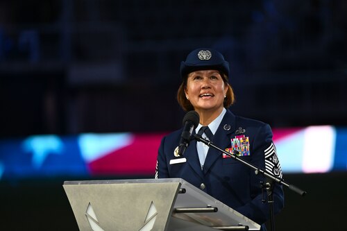 Chief Master Sergeant of the Air Force JoAnne S. Bass gives her remarks during the Air Force 75th Anniversary Tattoo Sept. 15, 2022, at Audi Field, Washington, D.C. The Tattoo is a 300-year-old tradition held worldwide, showcasing the excellence and readiness of service members. During the ceremony, Airmen exhibit the precision and teamwork essential for mission success. (U.S. Air Force photo by Staff Sgt. Nilsa Garcia)