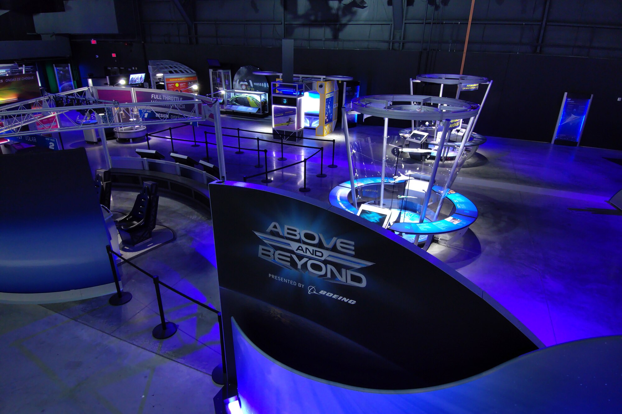 The Above and Beyond Exhibit is open at the National Museum of the USAF from Sept. 17-Dec. 15. Photo is a lighted overview of the exhibit modules.