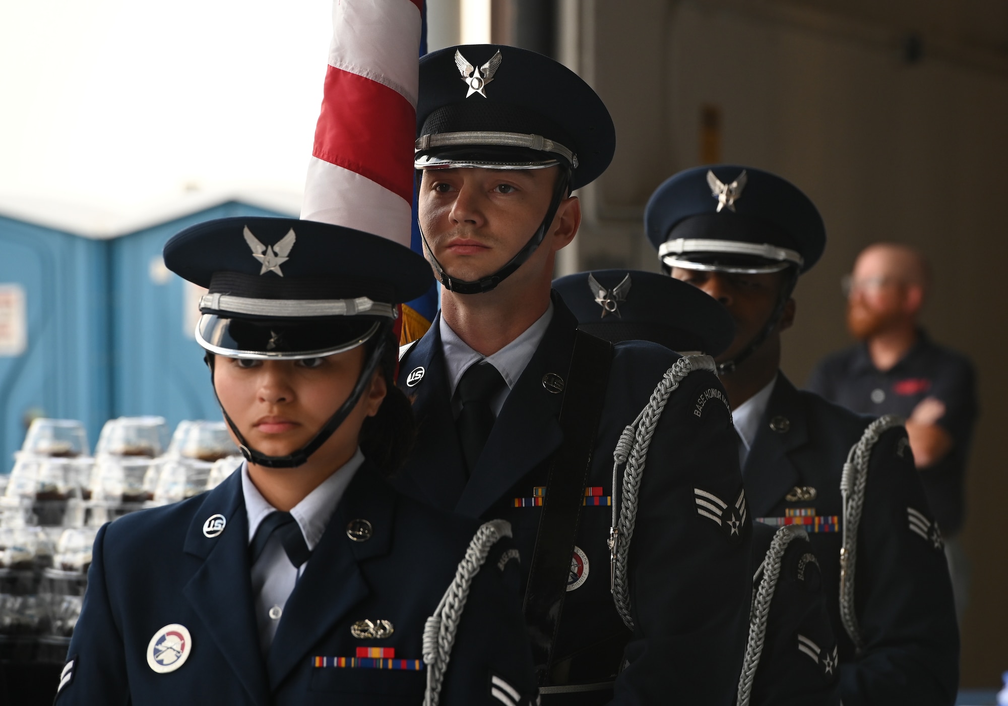 Members of Whiteman Honor Guard stand at the Air Force Ball at Whiteman Air Force Base, Missouri, September 16, 2022. This years AF Ball celebrates the 75th anniversary of the Air Force being established. (U.S. Air Force photo by Airman 1st Class Joseph Garcia)
