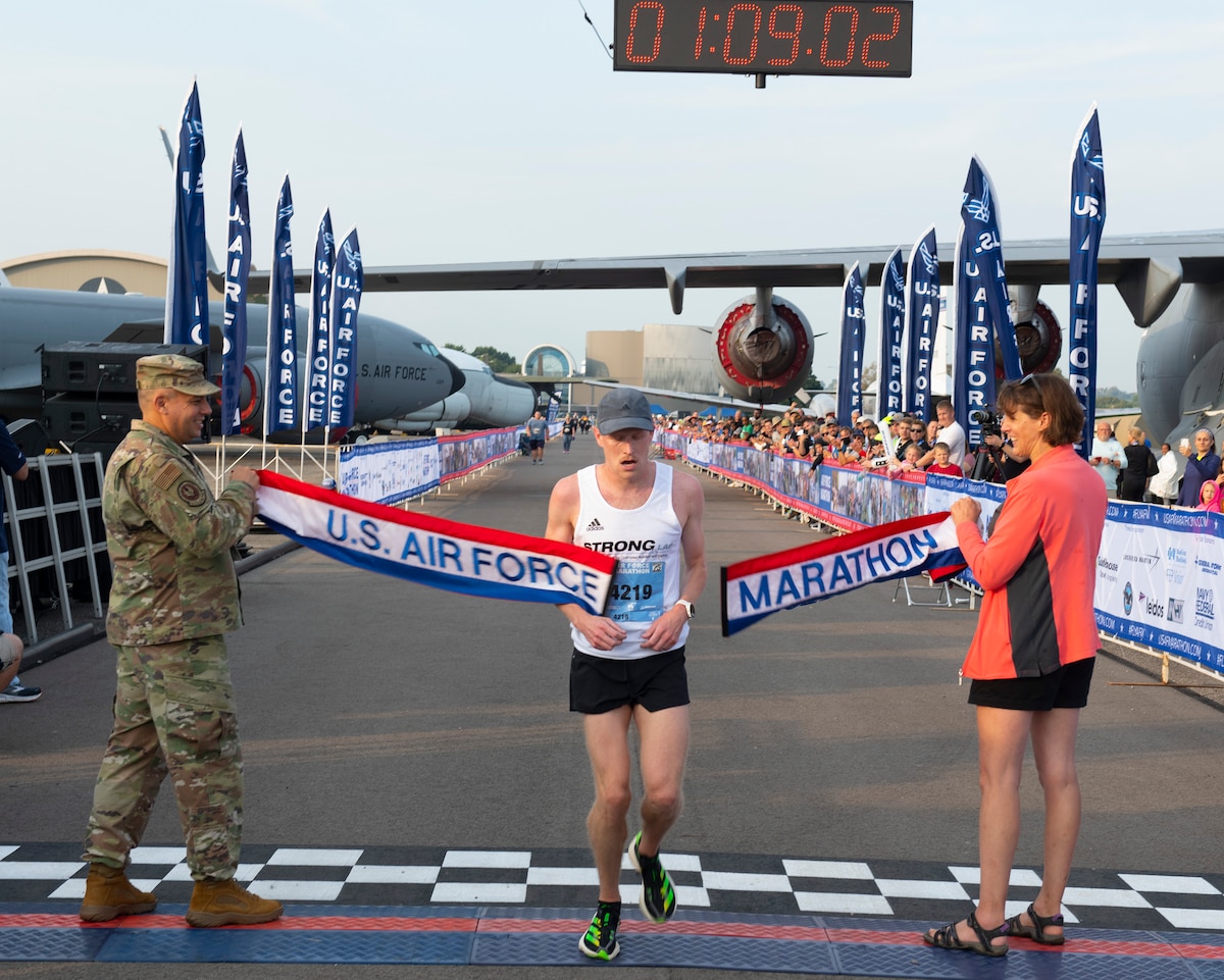 John Mascari finishes the half-marathon in just over 1 hour, 9 minutes to win the race. The event took place Sept. 17 as part of the 26th annual Air Force Marathon at Wright-Patterson Air Force Base, Ohio.
