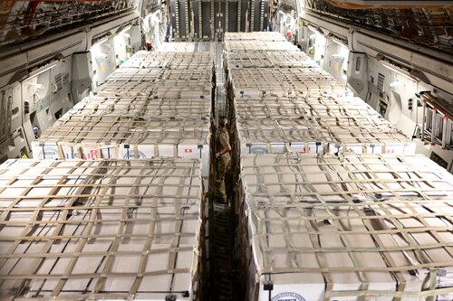 U.S. military personnel assigned to United States Central Command deliver critical supplies in support of a USAID-led humanitarian mission to Pakistan, Sep. 10, 2022. USAID leads the U.S. Government's international development and disaster assistance, helping people emerge from humanitarian crises, such as the catastrophic flooding currently plaguing Pakistan. (U.S. Air Force photo by Master Sgt. Matthew Plew)