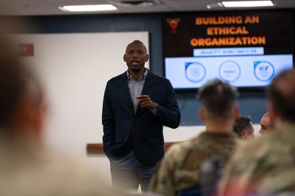 Retired Chief Master Sgt. Todd Simmons, founder of Courageous Leaders Alliance, briefs a Senior NCO professional enhancement seminar, Aug. 12, 2022 at Joint Base Anacostia-Bolling, Washington D.C. The course provided newly-selected master sergeants with an in-depth view of their increased supervisory, leadership, and managerial responsibilities to assist them in making a successful transition to SNCO status. (U.S. Air Force photo by Staff Sgt. Nilsa Garcia)
