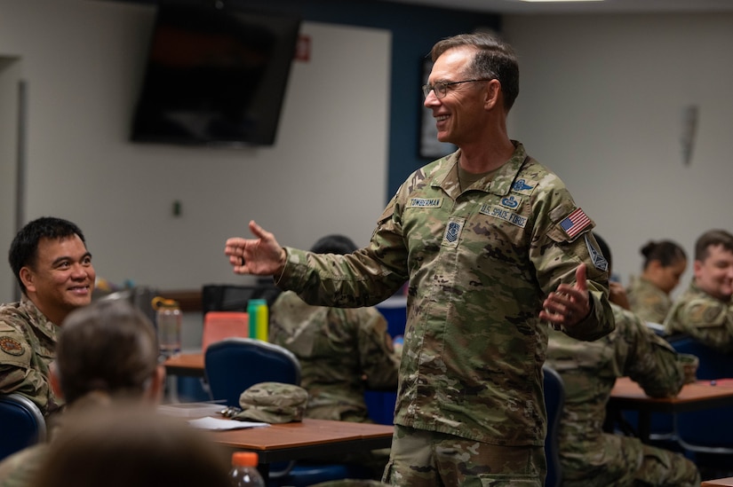 Chief Master Sgt. of the Space Force Roger Towberman discusses leadership during a Senior NCO professional enhancement seminar, Aug. 18, 2022, at Joint Base Anacostia-Bolling, Washington D.C. During the four-day course, Airmen and Guardians learned about conflict resolution, joint service culture and organizational leadership through discussions and panels with guest speakers. (U.S. Air Force photo by Staff Sgt. Nilsa Garcia)