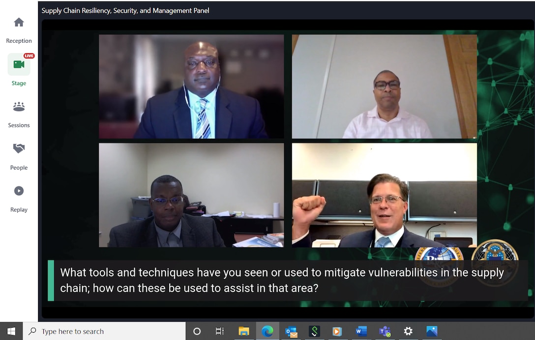 Screenshot of Barry Humphrey, top left, Peter Battaglia, bottom right, Sherwin Prior, top right, and Jack Crumbly, bottom left, speaking on virtual Industry Collider Day panel.