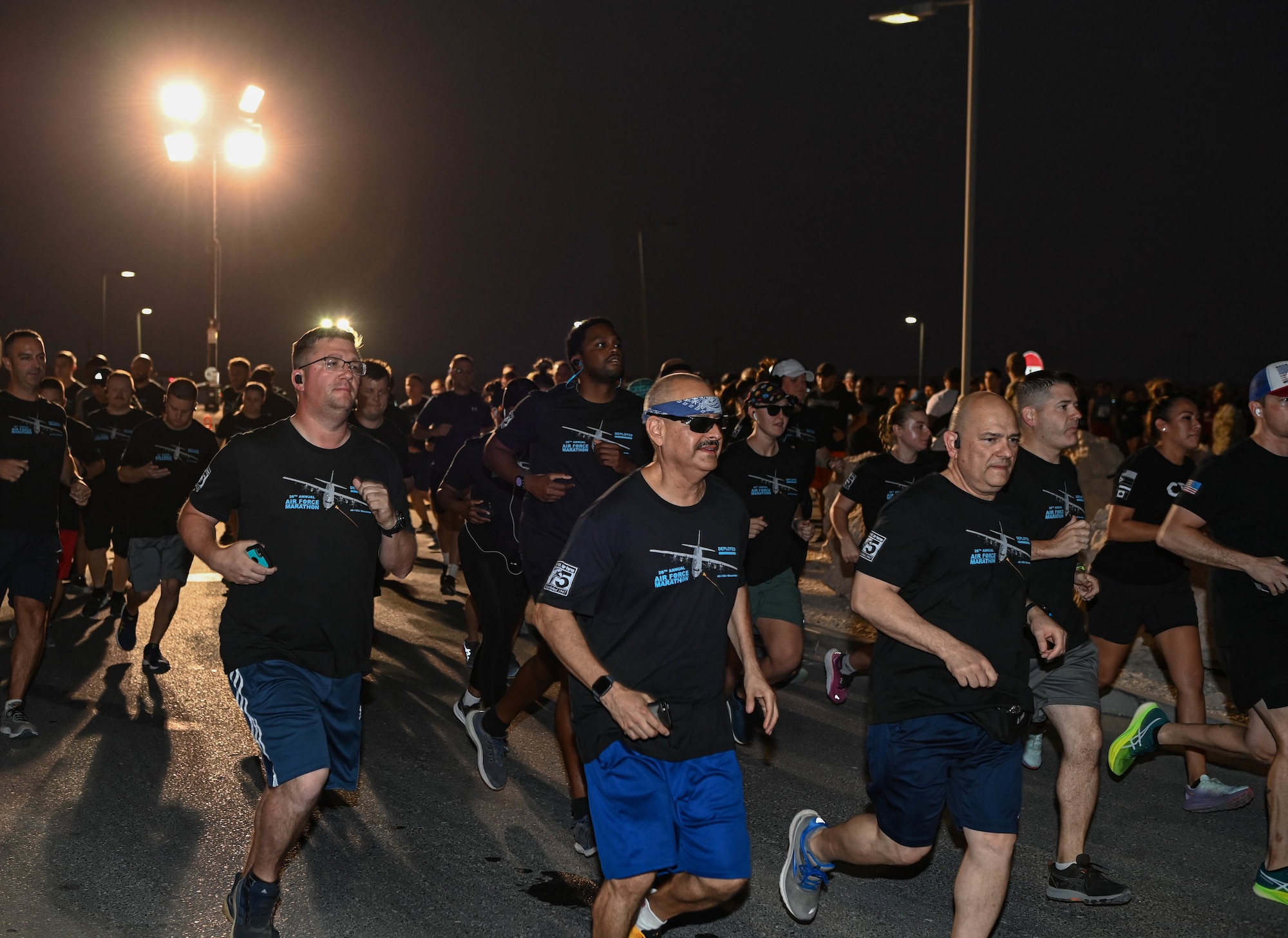 Members of Al Udeid Air Base, Qatar begin a run in celebration of the U.S. Air Force Birthday Sept. 17, 2022. The run commemorated the creation of the U.S. Air Force from the Army Air Corps 75 years ago. (U.S. Air National Guard photo by Master Sgt. Michael J. Kelly)