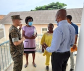 Maj. Ryan Holland, U.S. Embassy Office of Security Cooperation, discusses needs for future infrastructure projects with the Sao Tome Regional Hospital administration staff.