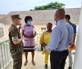 Maj. Ryan Holland, U.S. Embassy Office of Security Cooperation, discusses needs for future infrastructure projects with the Sao Tome Regional Hospital administration staff.
