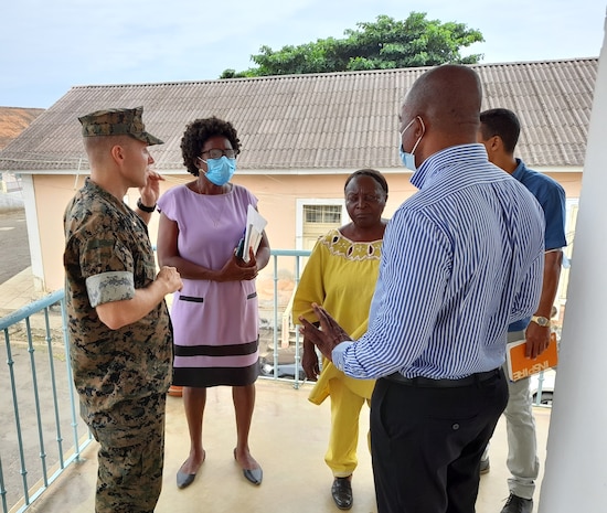 Maj. Ryan Holland, U.S. Embassy Office of Security Cooperation, discusses needs for future infrastructure projects with the Sao Tome Regional Hospital administration staff.