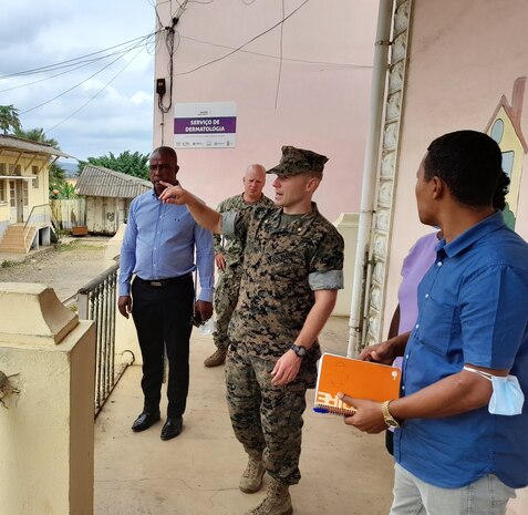 Maj. Ryan Holland, U.S. Embassy Office of Security Cooperation, discusses needs for future infrastructure projects with the Sao Tome Regional Hospital administration staff.