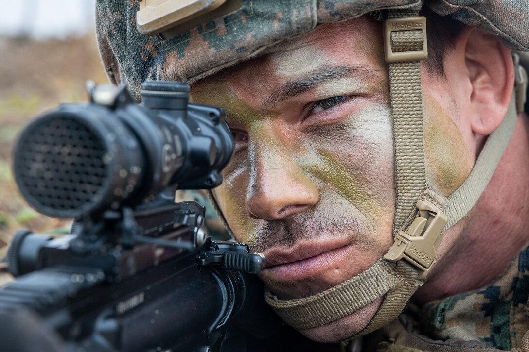 U.S. Marine Corps Cpl. Joshua Grant, a squad leader with Lima Company, 3rd Battalion, 25th Marine Regiment, 4th Marine Division, in support of Special Purpose Marine Air-Ground Task Force UNITAS LXIII sets security during an amphibious assault training event during exercise UNITAS LXIII in Itaoca, Brazil, Sept. 16, 2022. A landing craft, utility was used to move Brazilian, United States, and Uruguayan marines to shore from the amphibious transport dock ship USS Mesa Verde (LPD 19), where they secured a beachhead. UNITAS, which is Latin for “unity,” was conceived in 1959 and has taken place annually since first conducted in 1960. This year marks the 63rd iteration of the world’s longest-running annual multi-national maritime exercise. Additionally, this year Brazil will celebrate its bicentennial, a historical milestone commemorating 200 years of the country’s independence. Grant is a native of Chillicothe, Ohio. (U.S. Marine Corps photo by Lance Cpl. David Intriago)