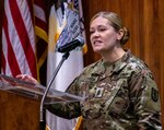 Illinois Army National Guard Command Sgt. Maj. Mary Dixon, of Chapin, Illinois, speaks to those in attendance during a retirement ceremony Sept. 18 at the Illinois Military Academy on Camp Lincoln, Springfield, Illinois. Dixon will retire Sept. 30 after more than 28 years of service in the Illinois Army National Guard