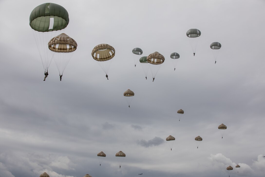 Paratroopers float to the ground after jumping from a aircraft.