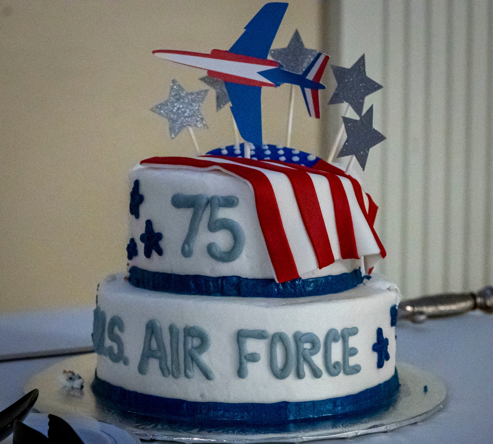 The 4th Fighter Wing celebrated the Air Force’s 75th birthday during the annual Air Force ball, at Seymour Johnson Air Force Base, North Carolina, September 17, 2022. The U.S. Air Force was officially recognized September 18, 1942. (U.S. Air Force photo by Airman 1st Class Sabrina Fuller)