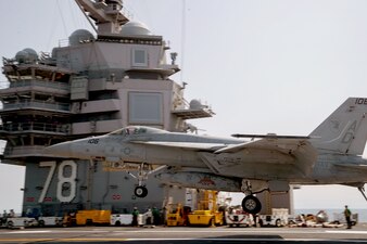 USS Gerald R. Ford (CVN 78) conducts flight operations in the Atlantic Ocean.