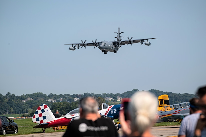 An EC-130J Commando Solo aircraft from the 193rd Special Operations Wing performs a flyover during Community Days at the Lancaster Airport in Lititz, Pennsylvania, Sept.17, 2022. Airmen from the 193rd SOW brought to close a 54-year chapter in the unit history as one of the three EC-130J Commando Solo aircraft delivered its final broadcast during the Community Days Air Show event.