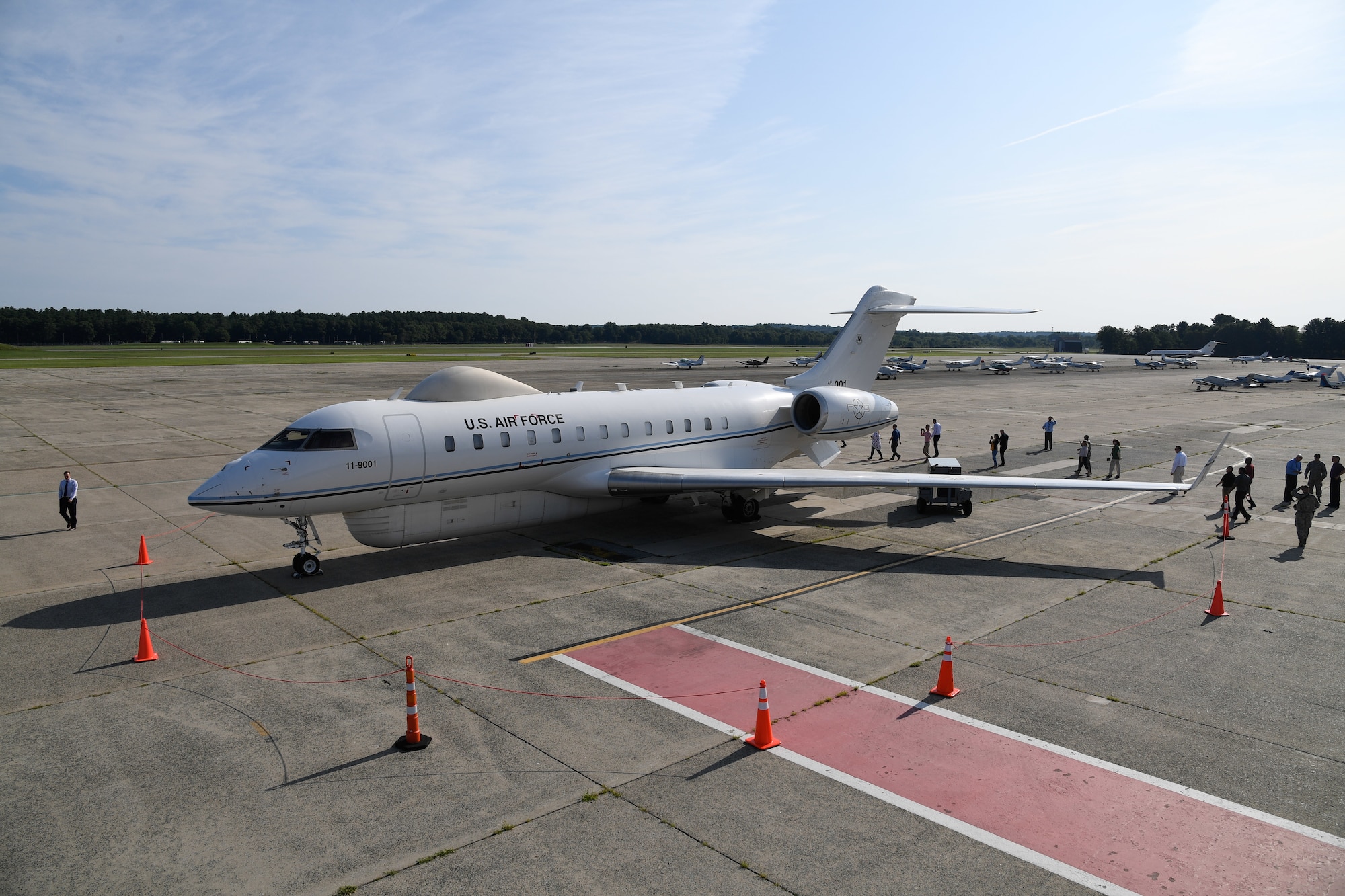A Battlefield Airborne Communications Node-equipped E-11A aircraft rolls out on the flightline at Hanscom Air Force Base, Mass., in July 2018. The BACN team added a new aircraft to their fleet when Bombardier Inc. delivered a Global 6000 Sept. 1.This is the first aircraft delivered under the BACN program management office’s $464.8-million contract with Learjet, Inc., a U.S. subsidiary of the Specialized Aircraft Division of Bombardier Inc. (U.S. Air Force photo by Mark Herlihy)