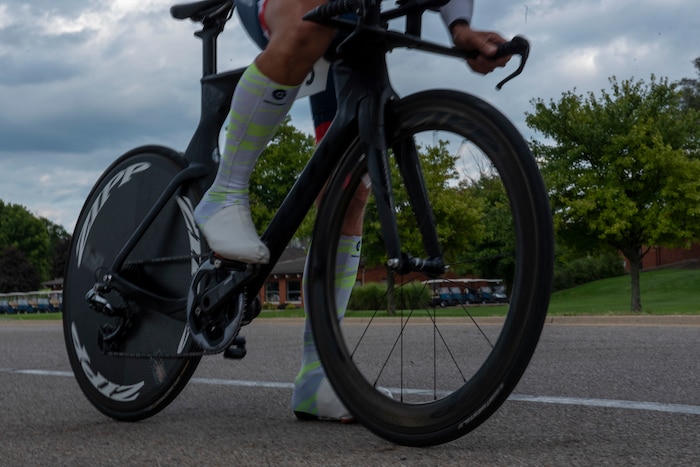 A competitor prepares to start the monthly Blue Streak Time Trial on Sept. 13 at Wright-Patterson Air Force Base. Bikers follow a 10-mile path around Wright-Patt’s flightline. (U.S. Air force photo by Airman 1st Class James Johnson)