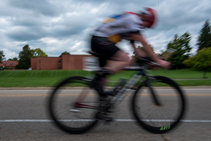 A biker breaks off the start line Sept. 13 during the Blue Streak Time Trail on Wright-Patterson Air Force Base. The start line sits across from the Prairie Trace Golf Course clubhouse on Skeel Avenue. (U.S. Air Force photo by Airman 1st Class James Johnson)