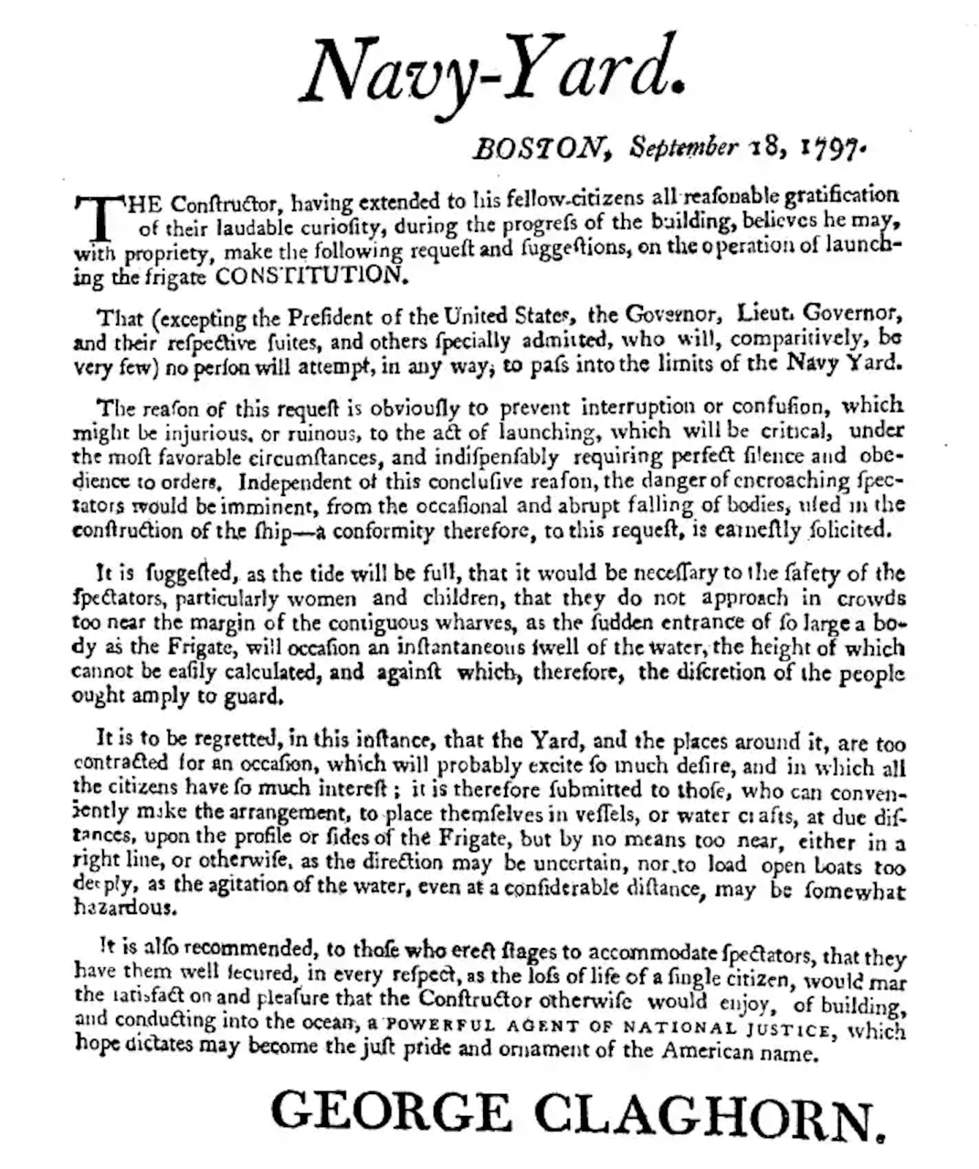 “Navy-Yard.” broadside distributed by Constitution’s constructor
George Claghorn two days before the frigate’s scheduled launch. The New England Magazine