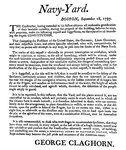 “Navy-Yard.” broadside distributed by Constitution’s constructor
George Claghorn two days before the frigate’s scheduled launch. The New England Magazine