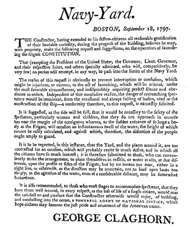 “Navy-Yard.” broadside distributed by Constitution’s constructor
George Claghorn two days before the frigate’s scheduled launch. The New England Magazine