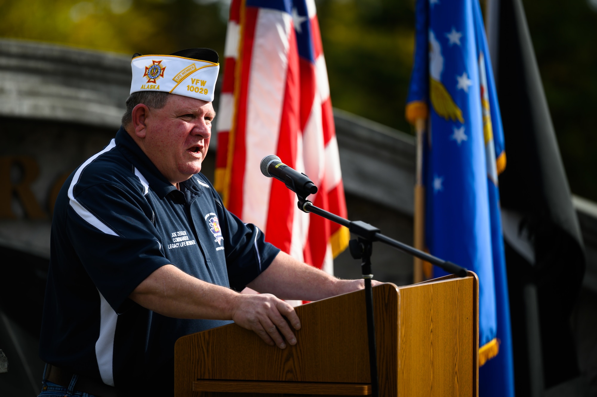 North Pole Veterans of Foreign Wars commander Joe Ziegler delivers a speech during the Prisoners of War/Missing in Action remembrance ceremony on Eielson Air Force Base, Alaska, Sept. 16, 2022.