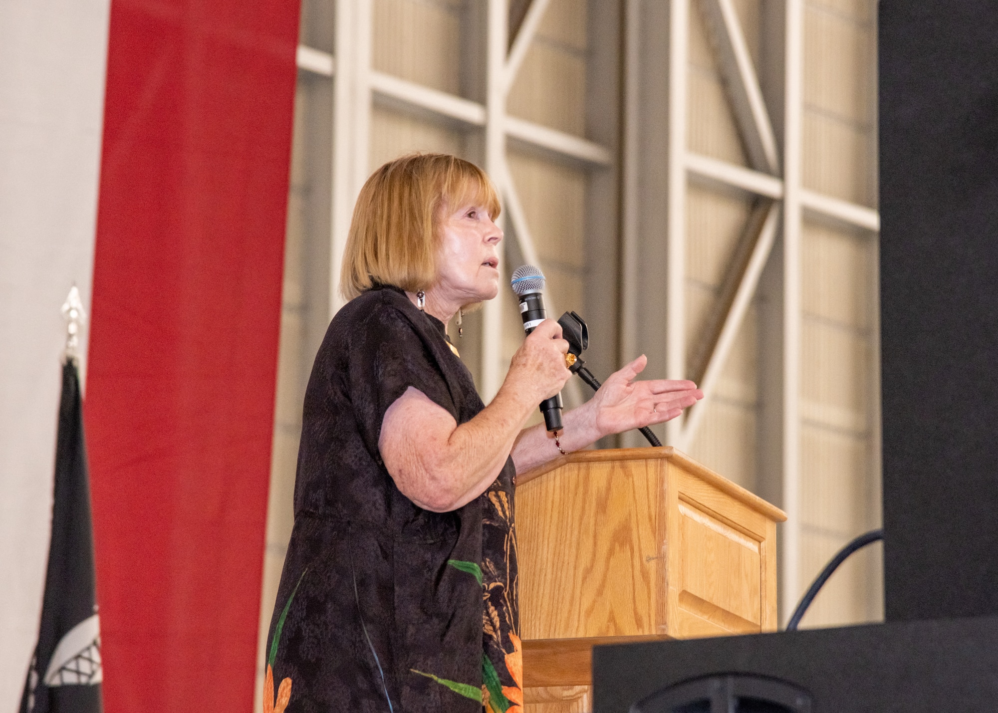 Guest speaker, Barbara Schultz, an aviation researcher and author, provides remarks during the 2022 Department of the Air Force Ball at Edwards Air Force Base, California, Sept. 16. (Air Force photo by Giancarlo Casem)