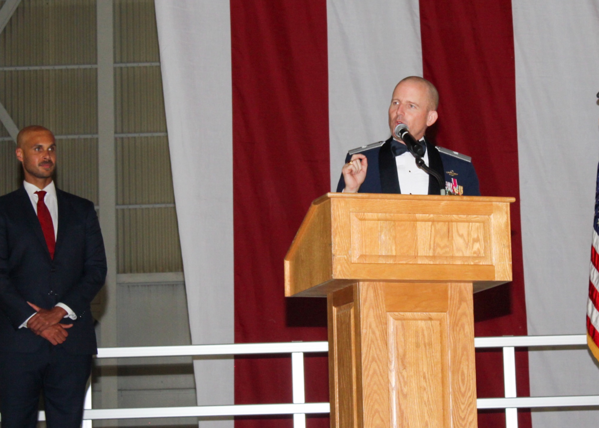 Brig. Gen. Matthew Higer, 412th Test Wing Commander, provides his closing remarks during the 2022 Department of the Air Force Ball at Edwards Air Force Base, California, Sept. 16. (Air Force photo by Laura Maples)