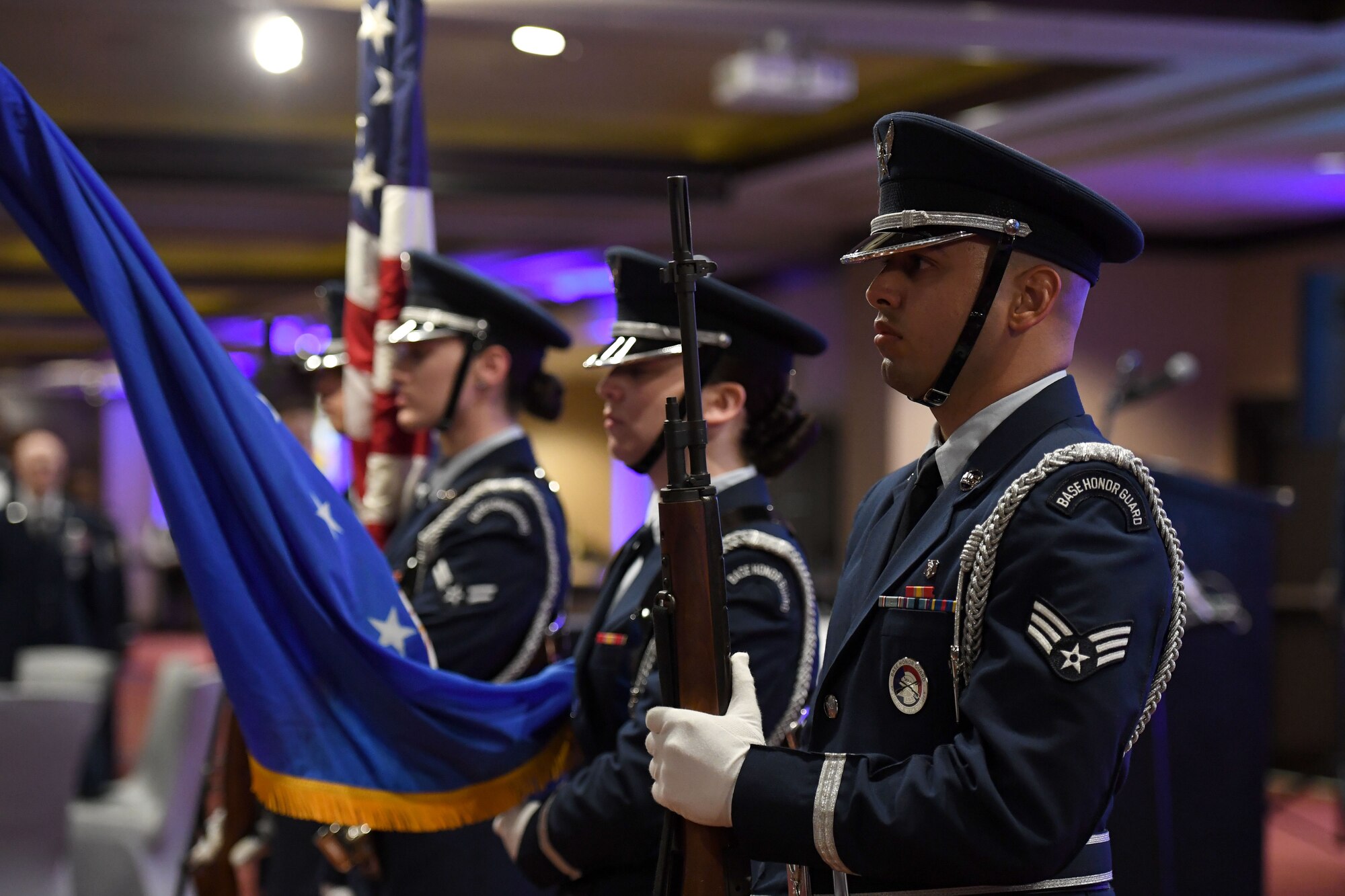 Members of the Keesler Air Force Base Honor Guard present the colors during the Keesler Air Force Ball inside the IP Casino Resort Spa at Biloxi, Mississippi, Sept. 17, 2022. The event, which celebrated the Air Force's 75th birthday, also included a cake cutting ceremony. (U.S. Air Force photo by Kemberly Groue)