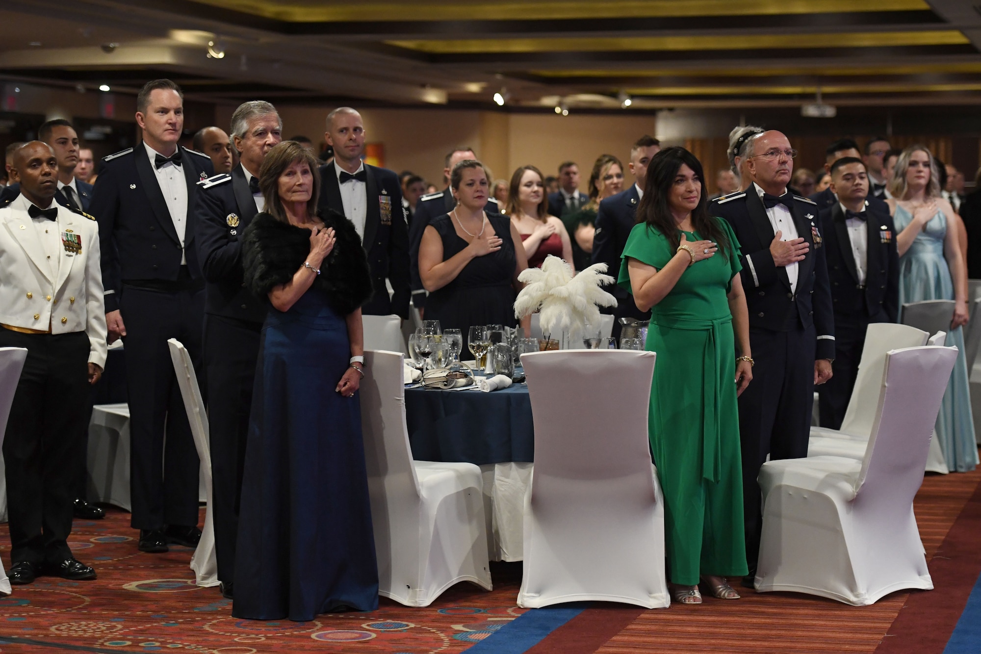 U.S. Air Force Col. William Hunter, 81st Training Wing commander, delivers a toast during the Keesler Air Force Ball inside the IP Casino Resort Spa at Biloxi, Mississippi, Sept. 17, 2022. The event, which celebrated the Air Force's 75th birthday, also included a cake cutting ceremony. (U.S. Air Force photo by Kemberly Groue)
