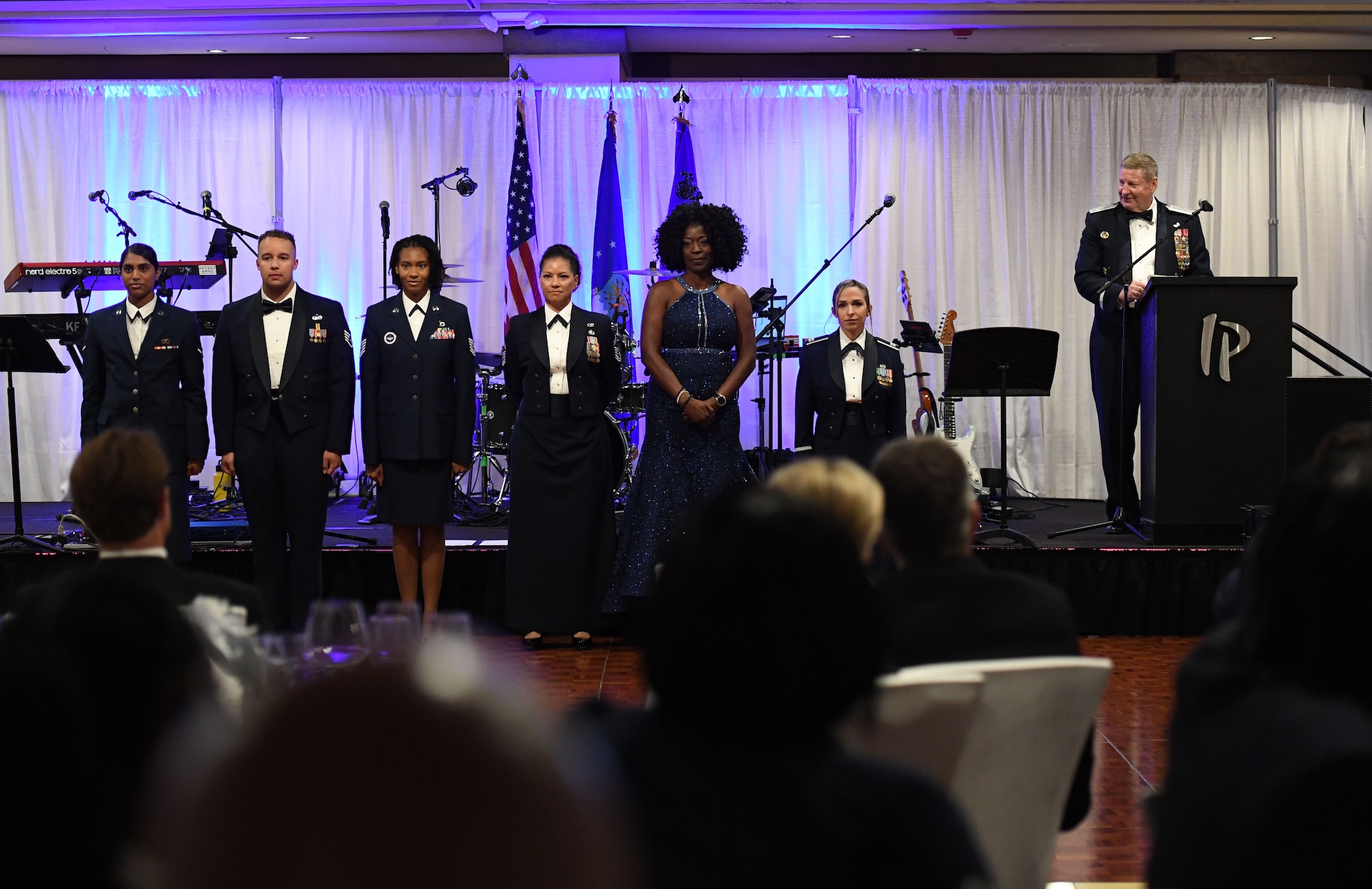 U.S. Air Force Retired General Robin Rand recognizes Airmen during the Keesler Air Force Ball inside the IP Casino Resort Spa at Biloxi, Mississippi, Sept. 17, 2022. The event, which celebrated the Air Force's 75th birthday, also included a cake cutting ceremony. (U.S. Air Force photo by Kemberly Groue)