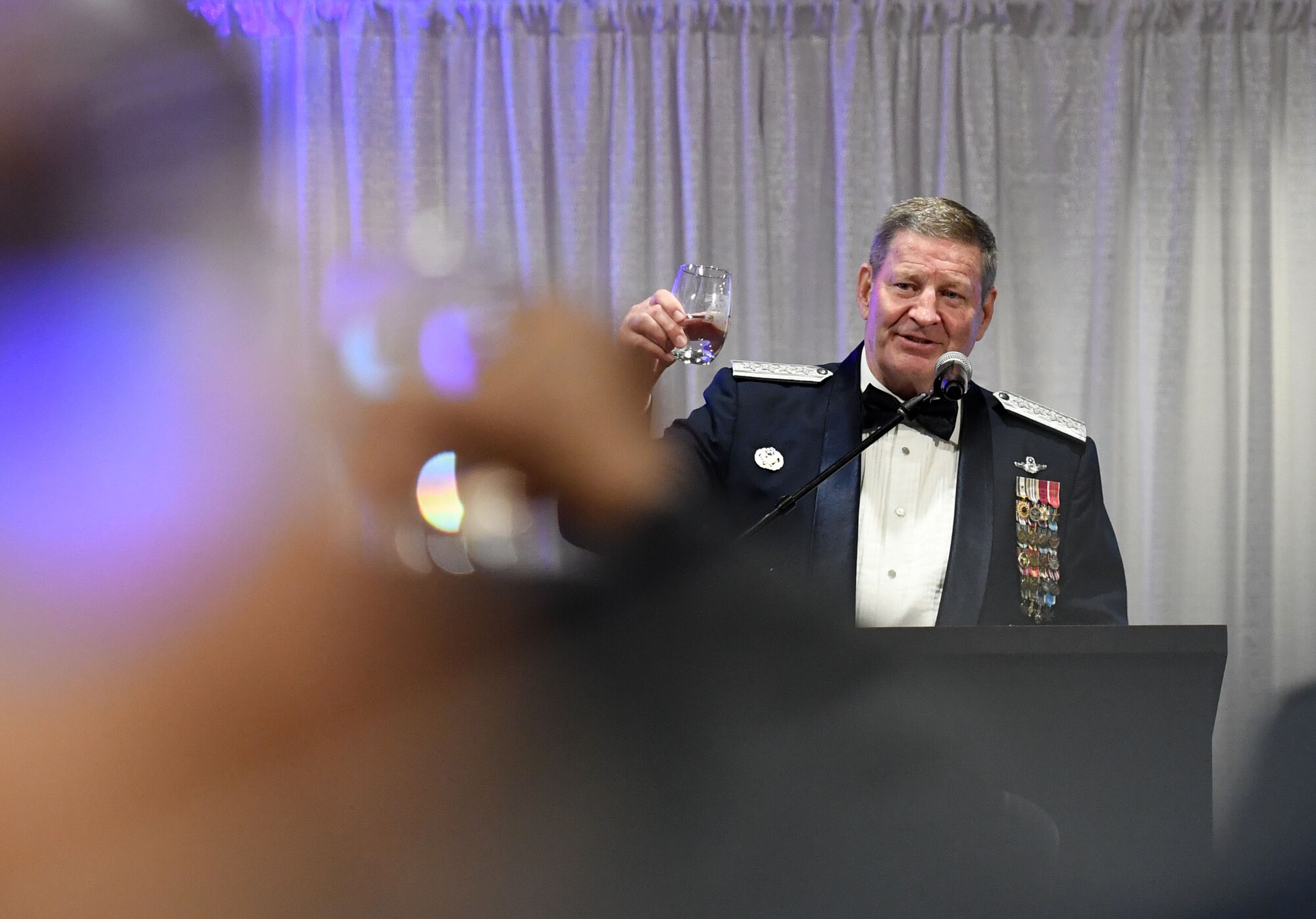 U.S. Air Force Retired General Robin Rand delivers a toast during the Keesler Air Force Ball inside the IP Casino Resort Spa at Biloxi, Mississippi, Sept. 17, 2022. The event, which celebrated the Air Force's 75th birthday, also included a cake cutting ceremony. (U.S. Air Force photo by Kemberly Groue)