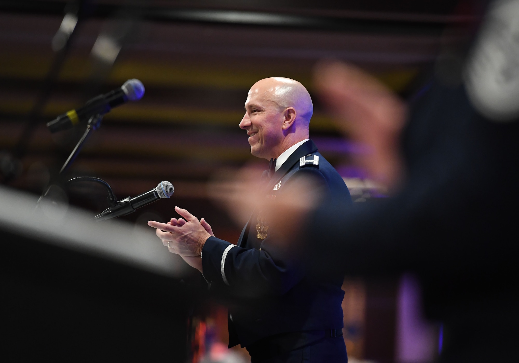 U.S. Air Force Col. William Hunter, 81st Training Wing commander, delivers remarks during the Keesler Air Force Ball inside the IP Casino Resort Spa at Biloxi, Mississippi, Sept. 17, 2022. The event, which celebrated the Air Force's 75th birthday, also included a cake cutting ceremony. (U.S. Air Force photo by Kemberly Groue)