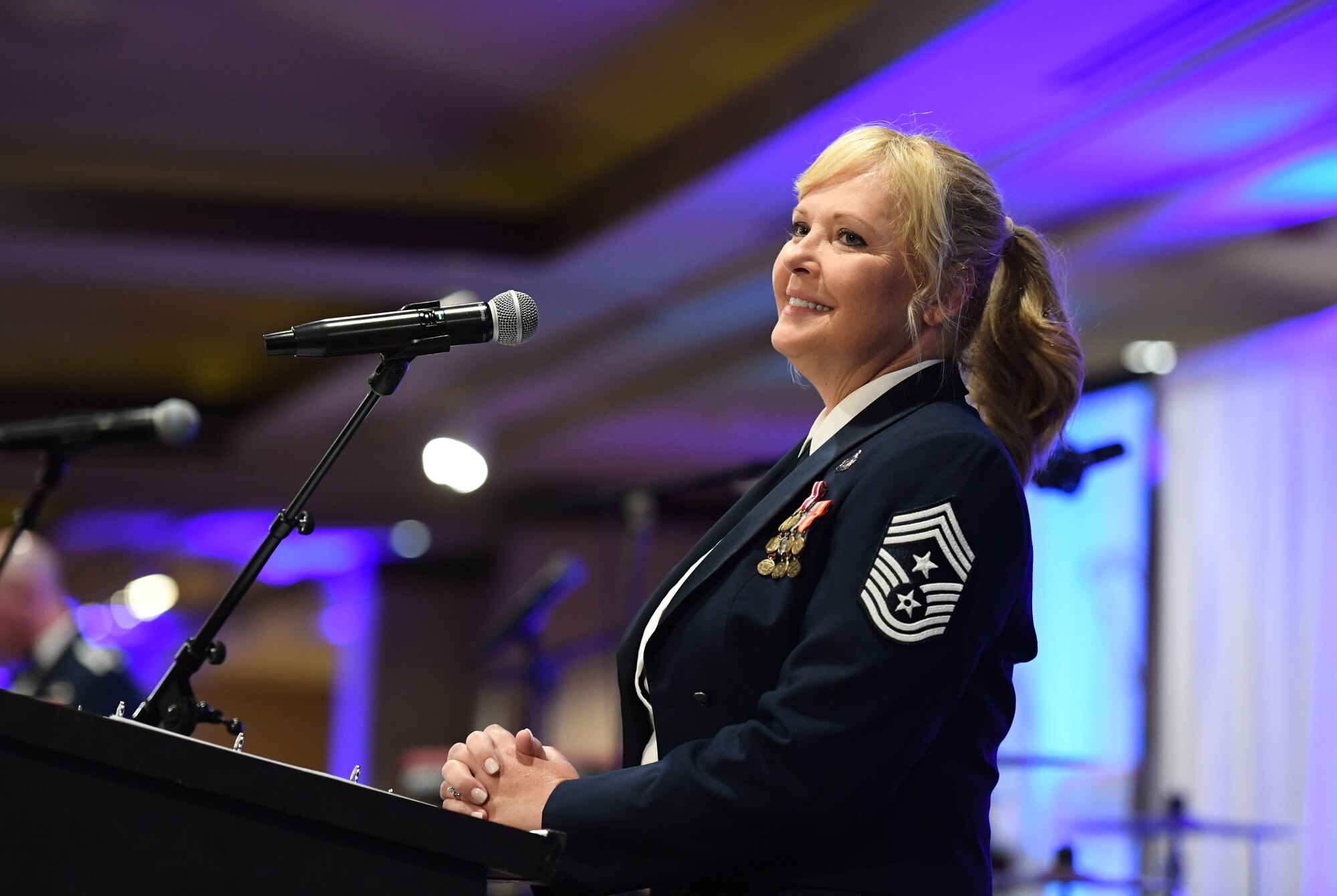 U.S. Air Force Chief Master Sgt. Sarah Esparza, 81st Training Wing command chief, delivers remarks during the Keesler Air Force Ball inside the IP Casino Resort Spa at Biloxi, Mississippi, Sept. 17, 2022. The event, which celebrated the Air Force's 75th birthday, also included a cake cutting ceremony. (U.S. Air Force photo by Kemberly Groue)