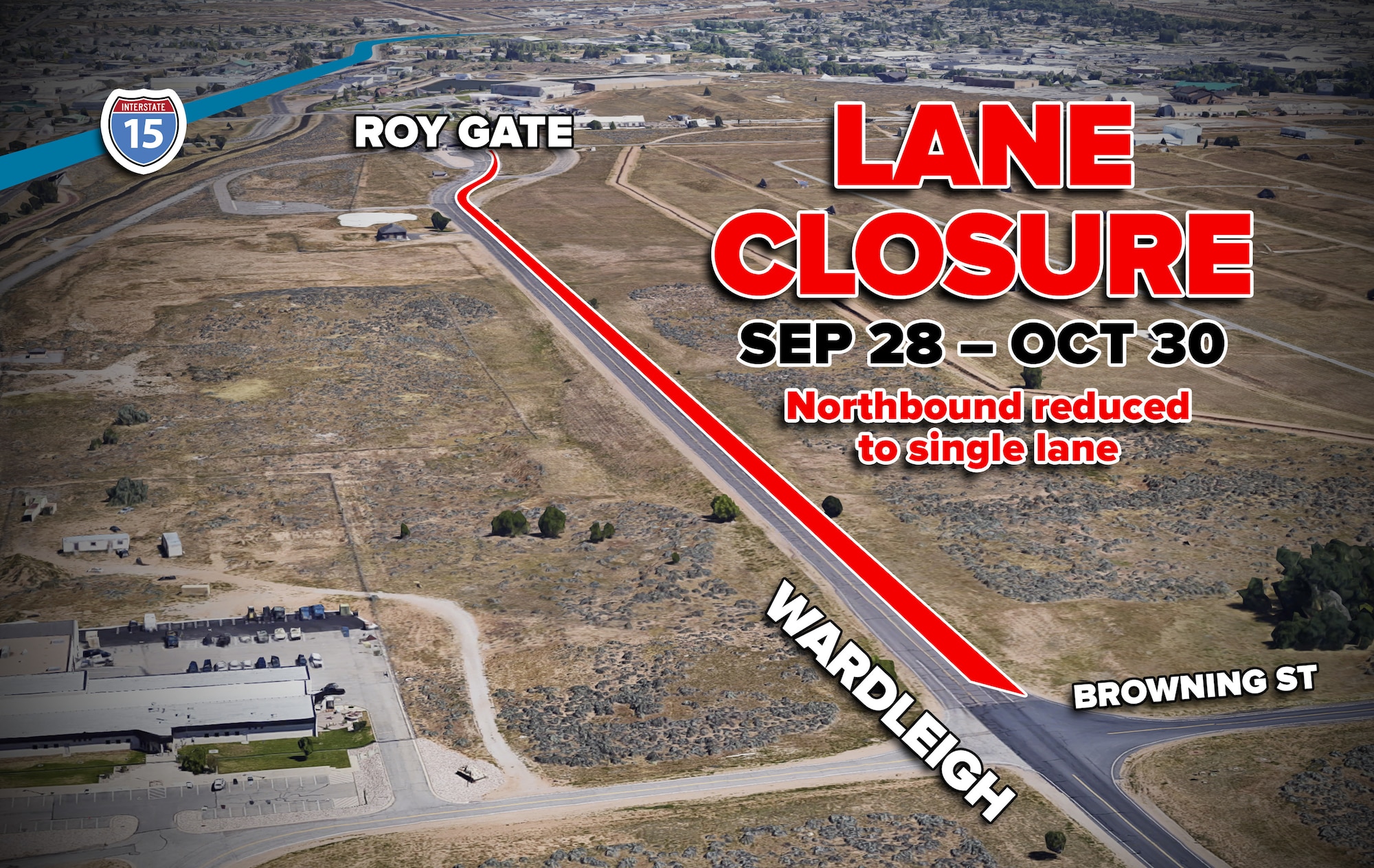 Graphic depicting a map where intermittent northbound lane closures will be in effect Sept. 28 through Oct. 30 on Wardleigh Road between Browning Street and the Roy Gate.