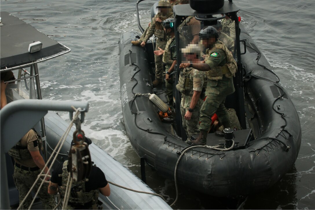 RIO DE JANEIRO (Sept. 13, 2022) Members of Special Boat Team 22 train Brazilian counterparts on the steps and procedures of a visit, board, search, and seizure (VBSS) during UNITAS LXIII, Sept. 13, 2022.