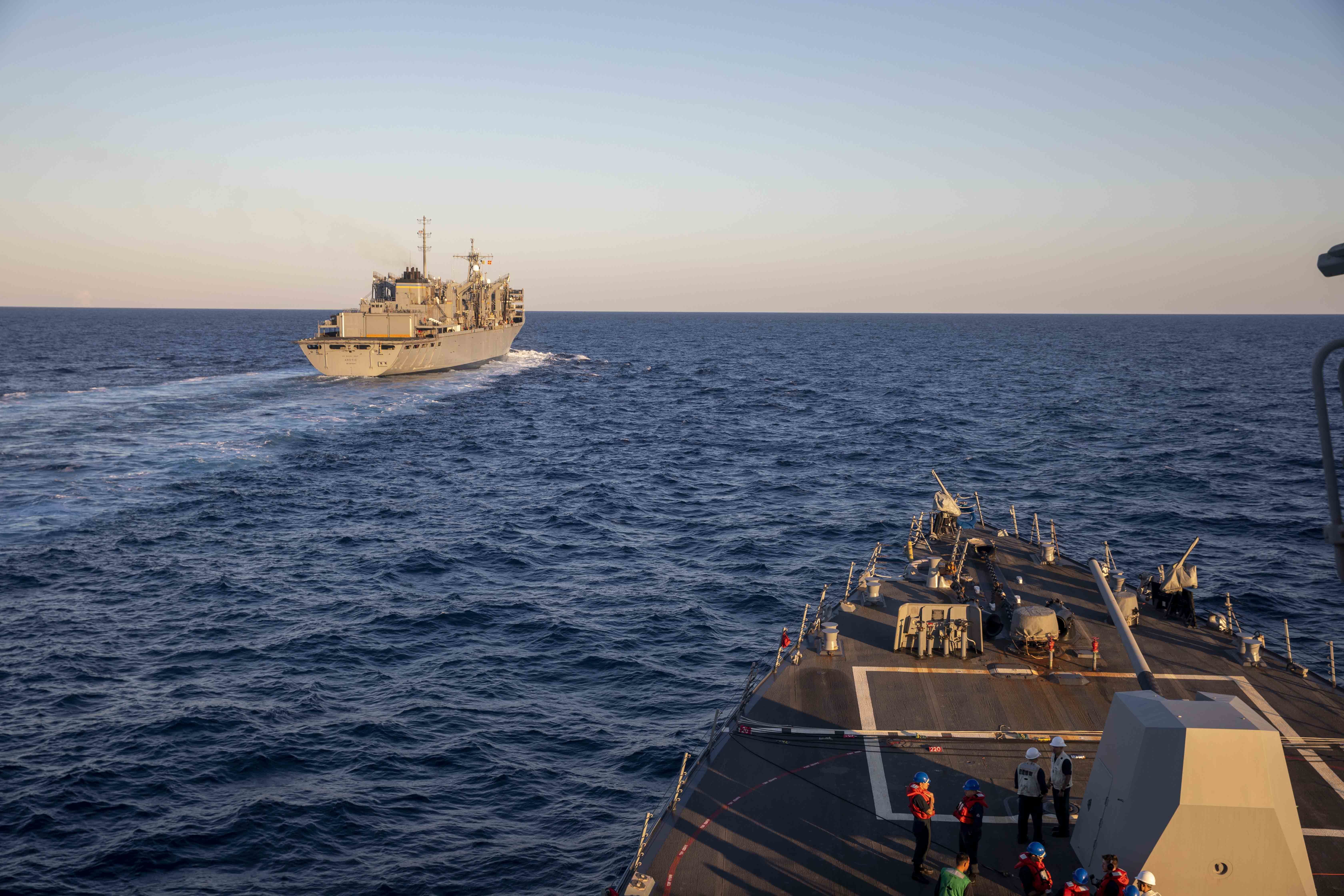 ADRIATIC SEA  (Sept. 13, 2022) The Arleigh Burke-class guided-missile destroyer USS Farragut (DDG 99) pulls alongside the fast combat support ship USNS Arctic (T-AOE 8) for a replenishment-at-sea, Sept. 13, 2022.